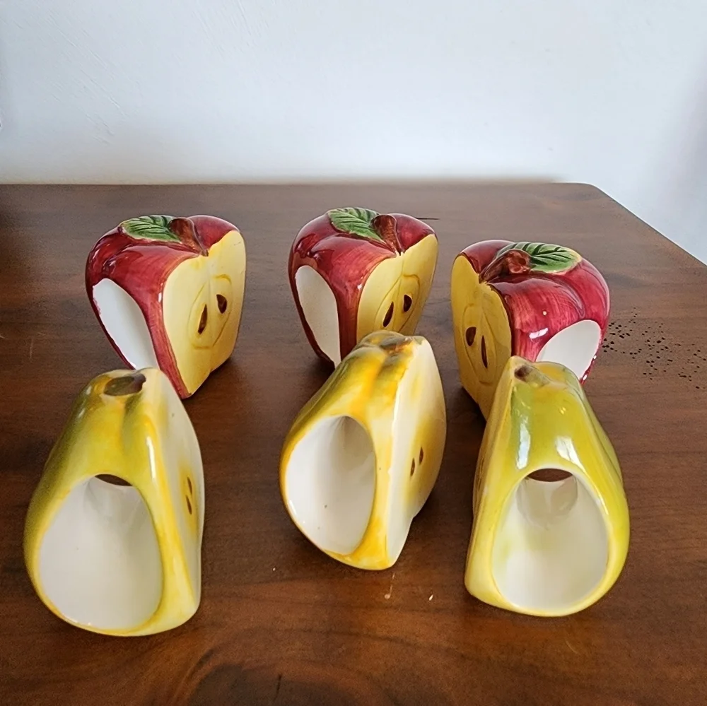 Vintage Ceramic Fruit Shape Red & Green Nanking Ring Holders Set of Six